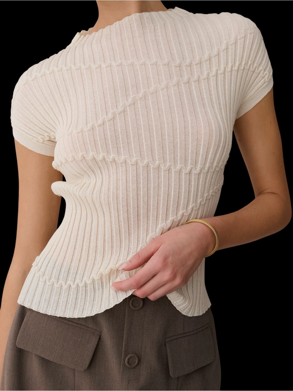 Kourt Few Moda Maura Top Soft Lightweight Ribbed Cream NWT
